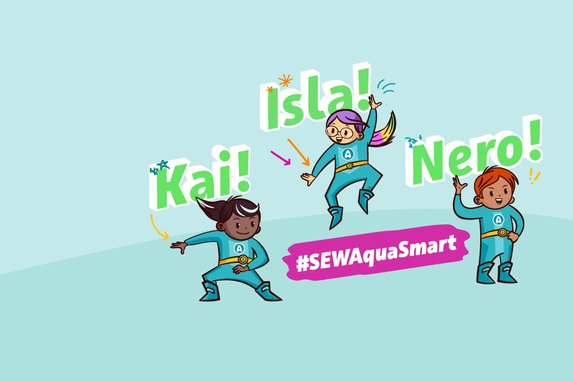 Illustration of the Aquanauts with hashtag SEWAquaSmart