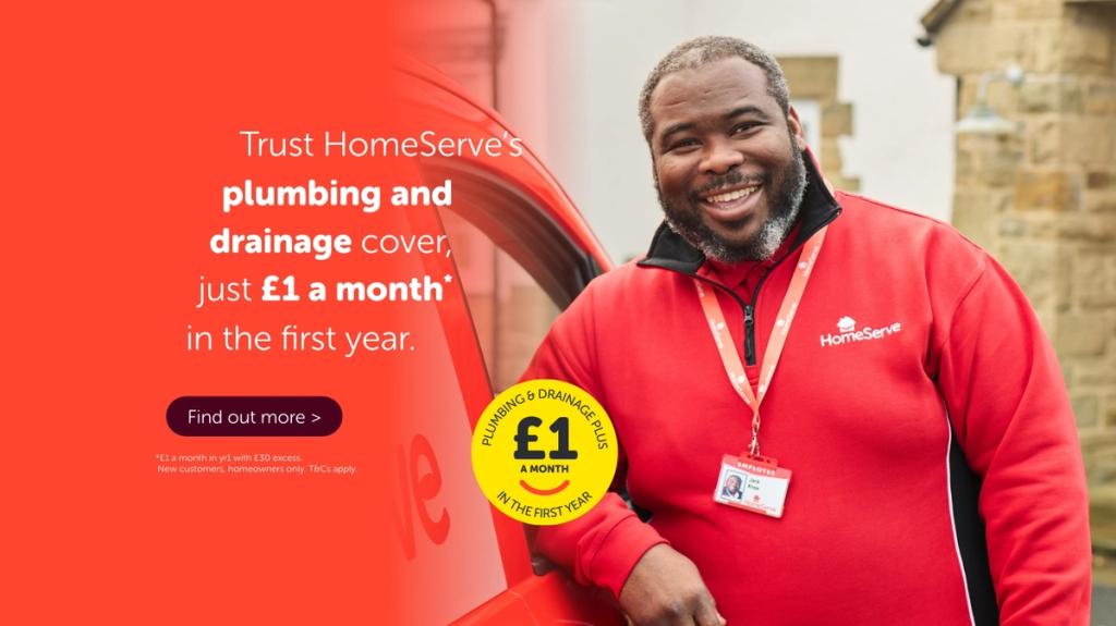 A HomeServe employee smiles at the camera in a red uniform, leaning against a red van. Overlaying text reads: "Trust HomeServe's plumbing and drainage cover, just £1 a month* in the first year." A circular yellow badge highlights "£1 a month in the first year" for "Plumbing & Drainage Plus."