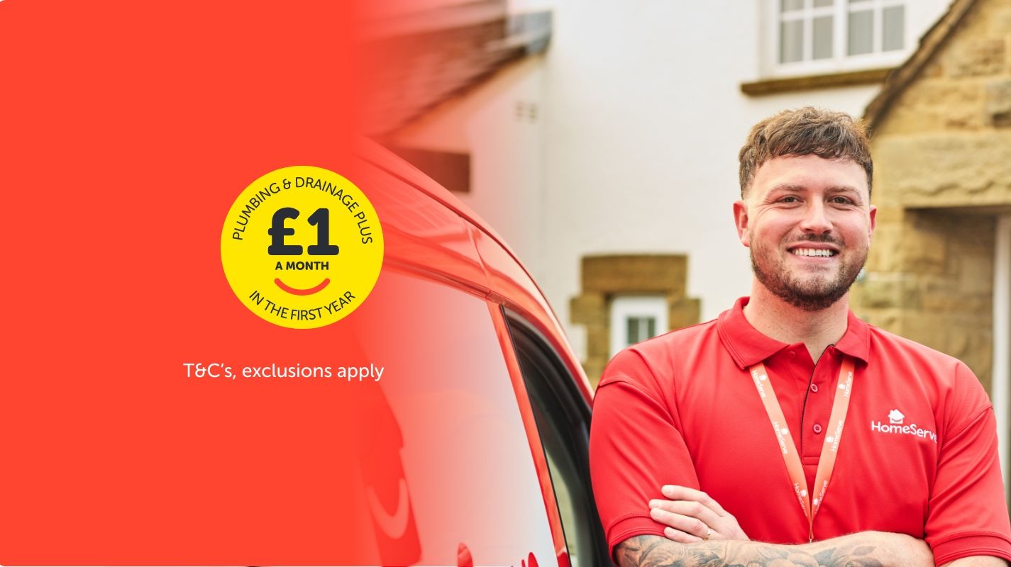 A smiling HomeServe engineer stands by a red service van. Text offers plumbing and drainage cover for £1 a month in the first year.