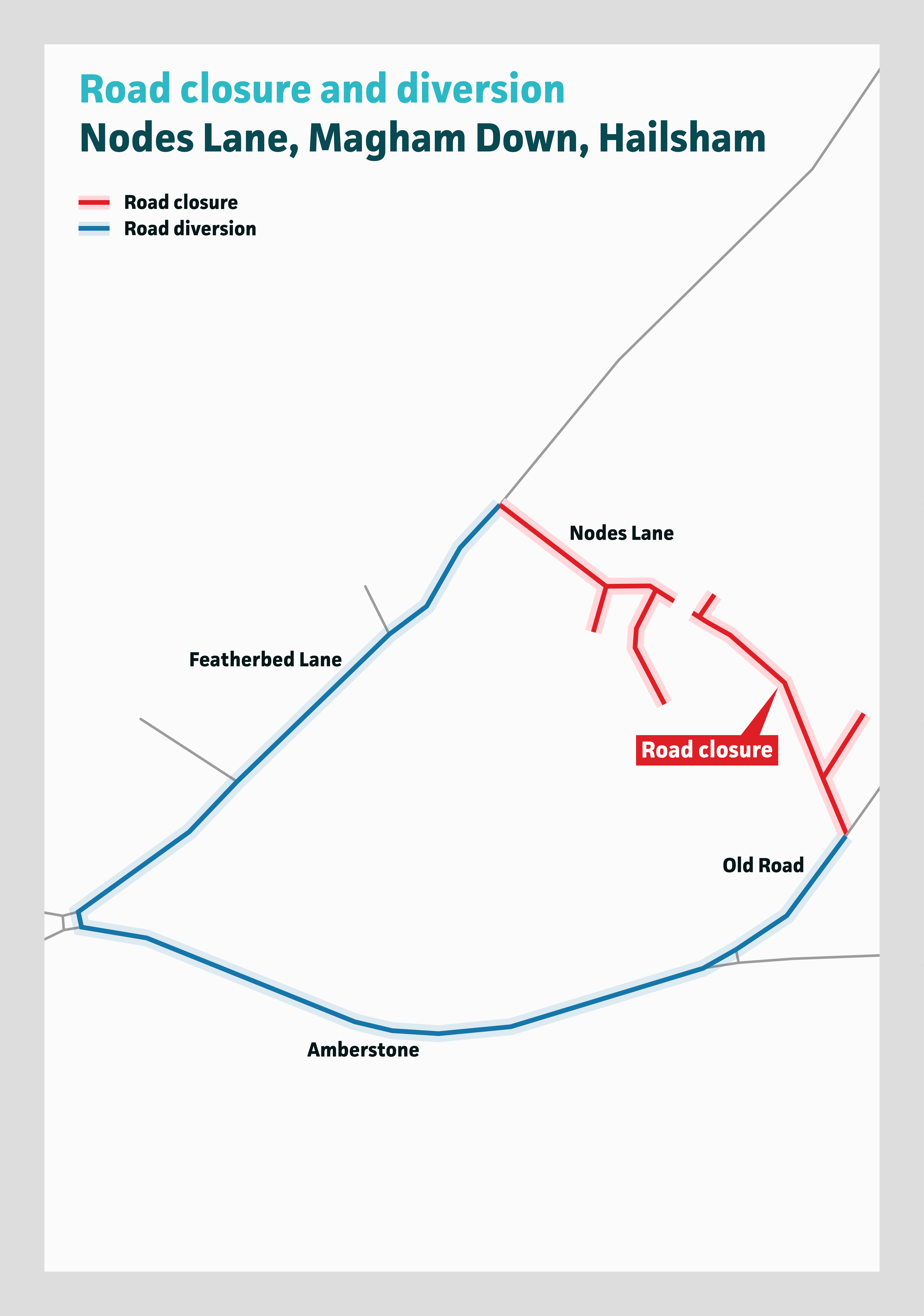 Graphic showing closure of Nodes Lane, and a diversion route using Old Road and Featherbed Lane