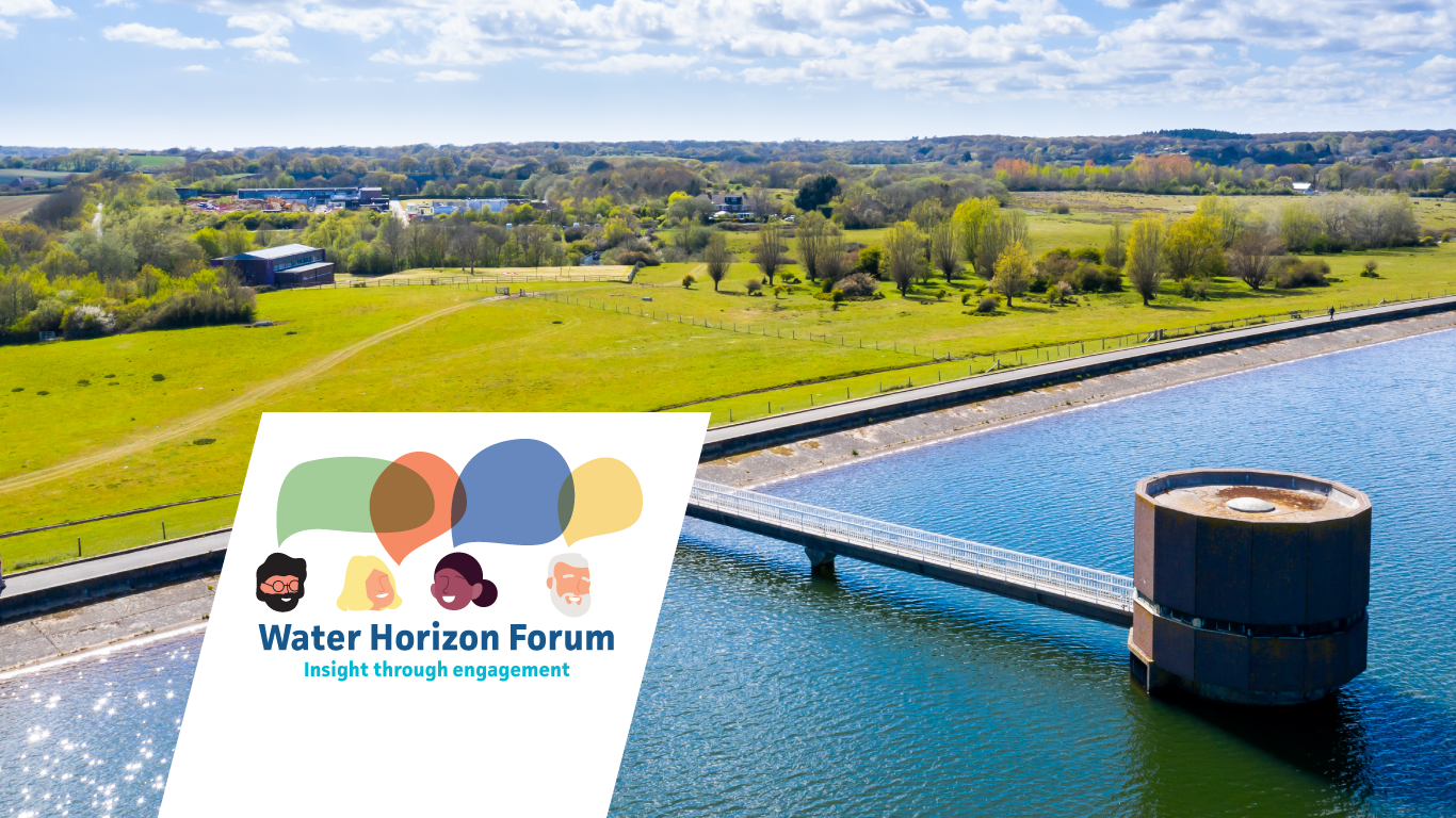 Arial photograph of Arlington Reservoir with the Water Horizon Forum logo in the bottom left hand side 