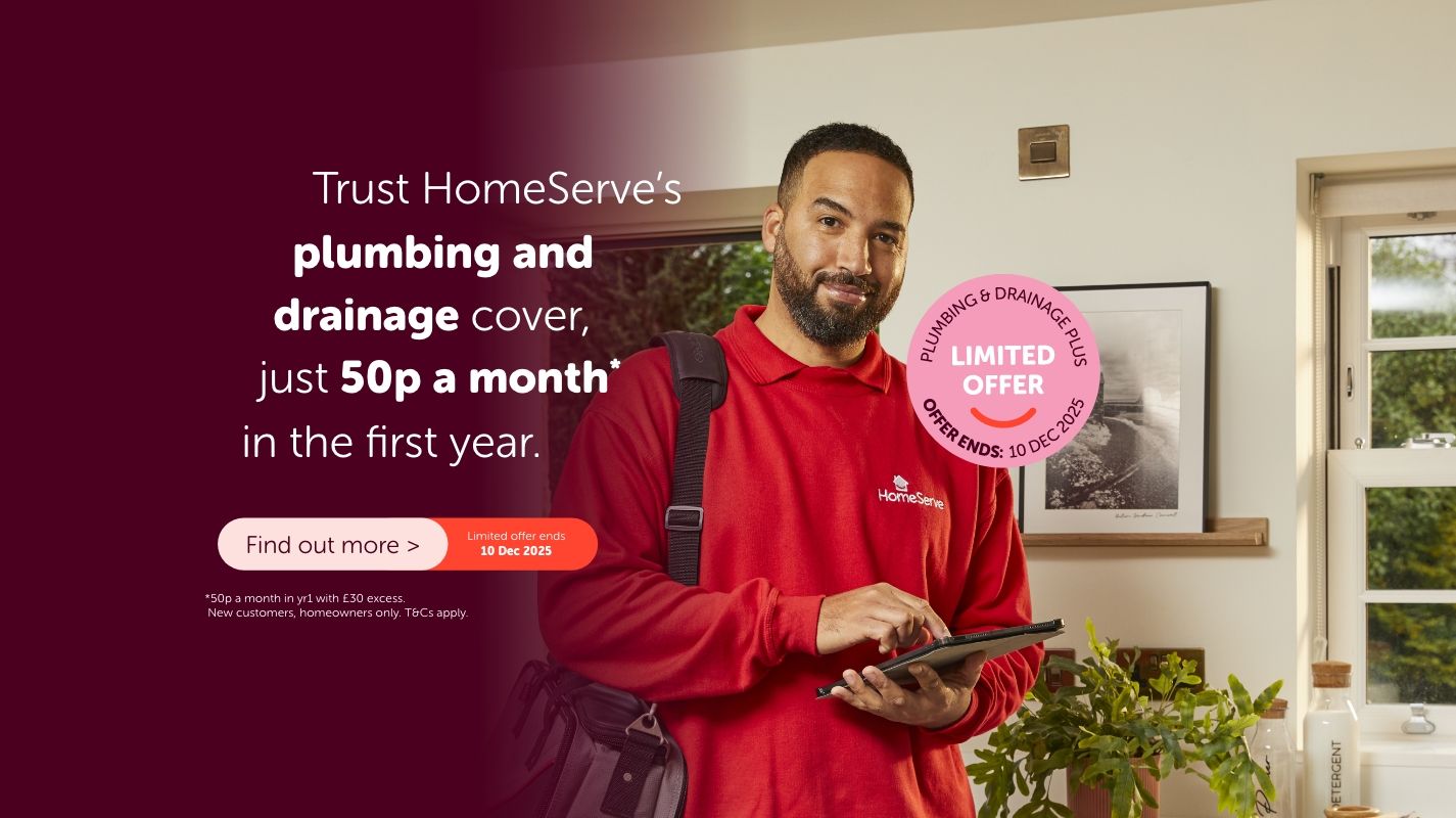 HomeServe employee smiling at the camera. The words 'Trust HomeServe's plumbing and drainage cover, just fifty pence a month in the first year'. Plumbing and drainage cover plus limited offer ends 10 December 2025.
