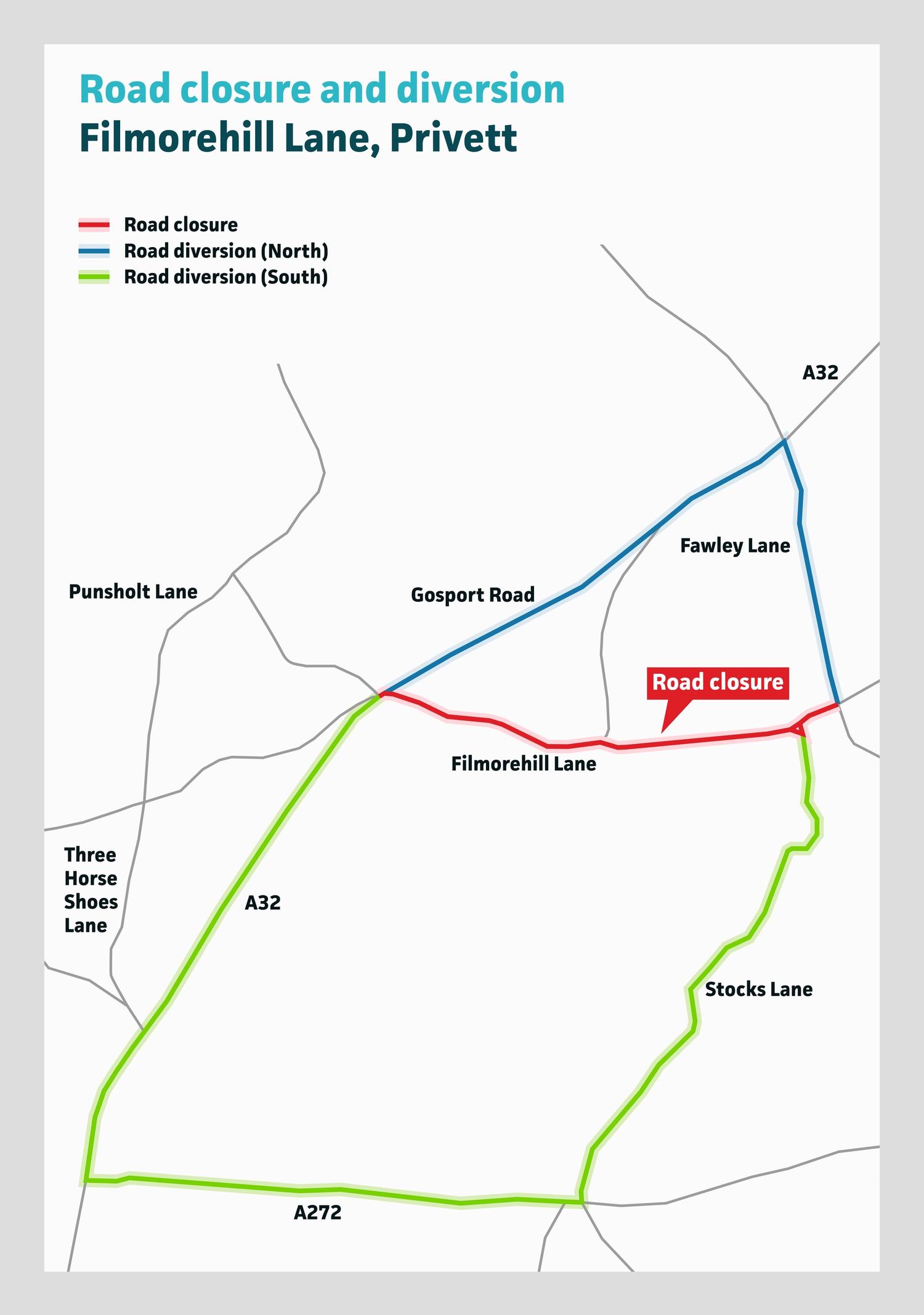 A map showing diversion routes near Filmorehill Lane