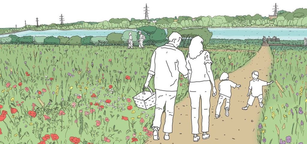 An artist impression of what Broad Oak could look like - a drawing of a young family walking through a meadow which leads to a large body of water