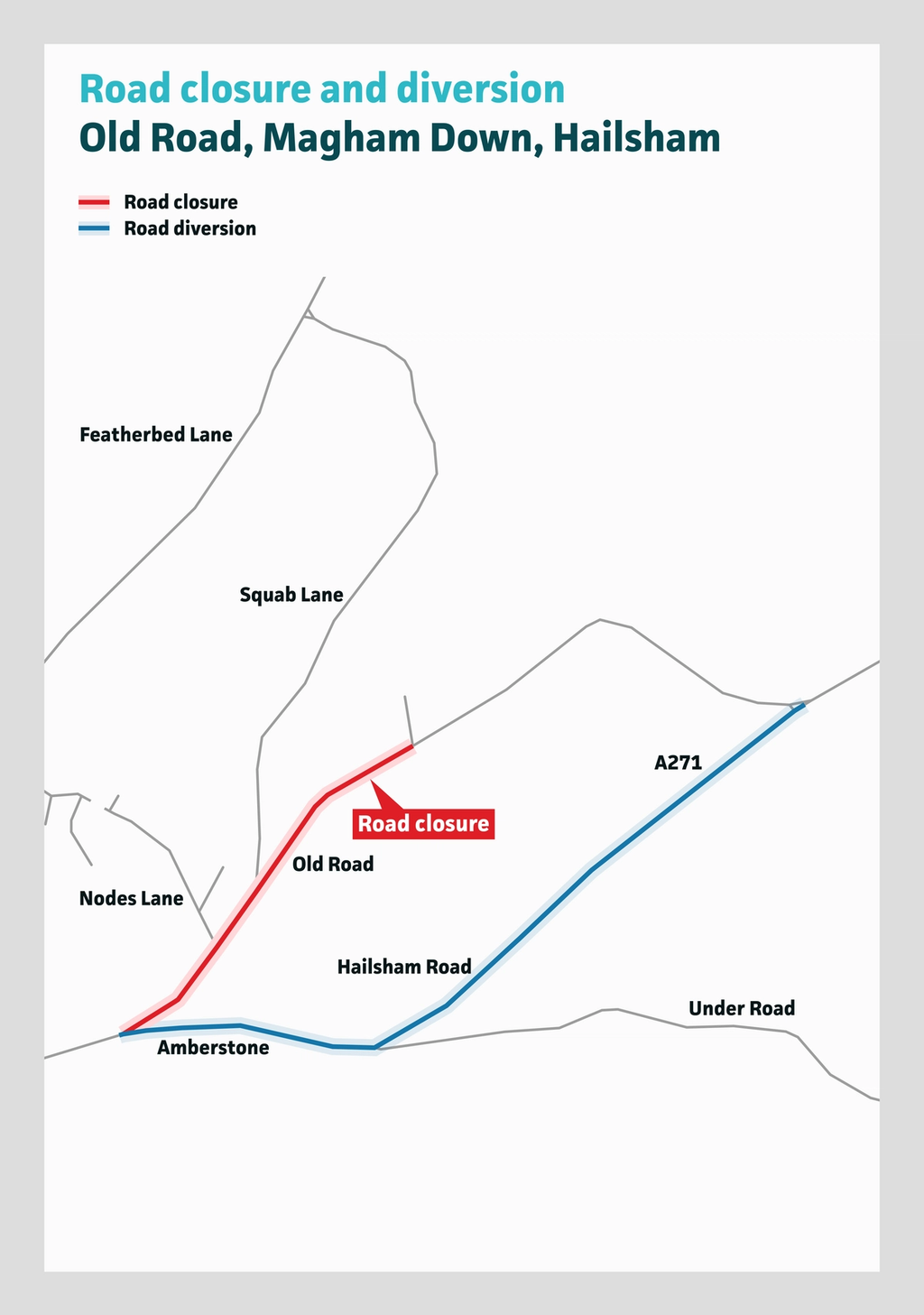 Graphic showing diversion route along Hailsham Road for a closure on Old Road