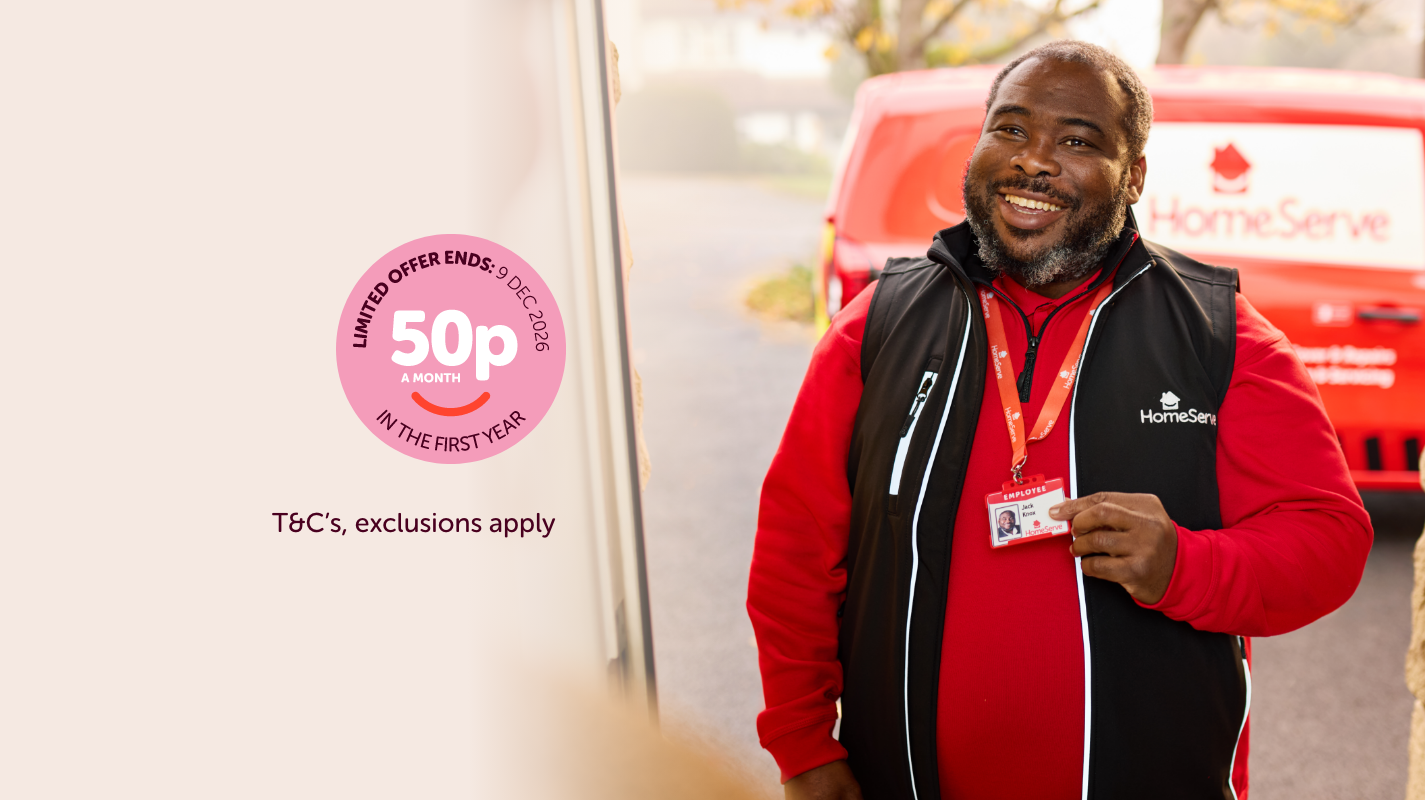A smiling HomeServe engineer. Text offers plumbing and drainage cover for 50p a month in the first year.
