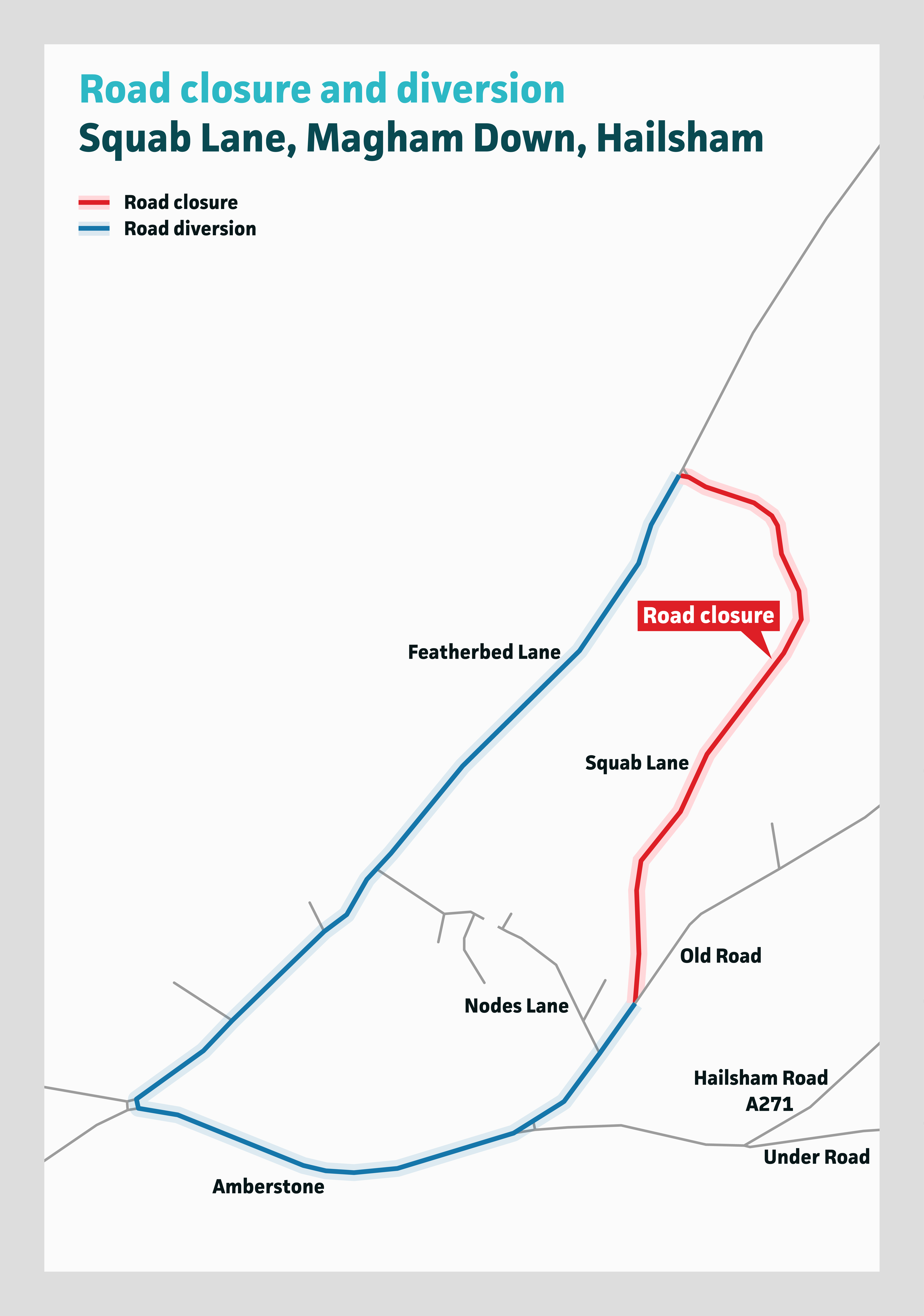 Graphic showing closure of Squab Lane and a diversion using Featherbed Lane
