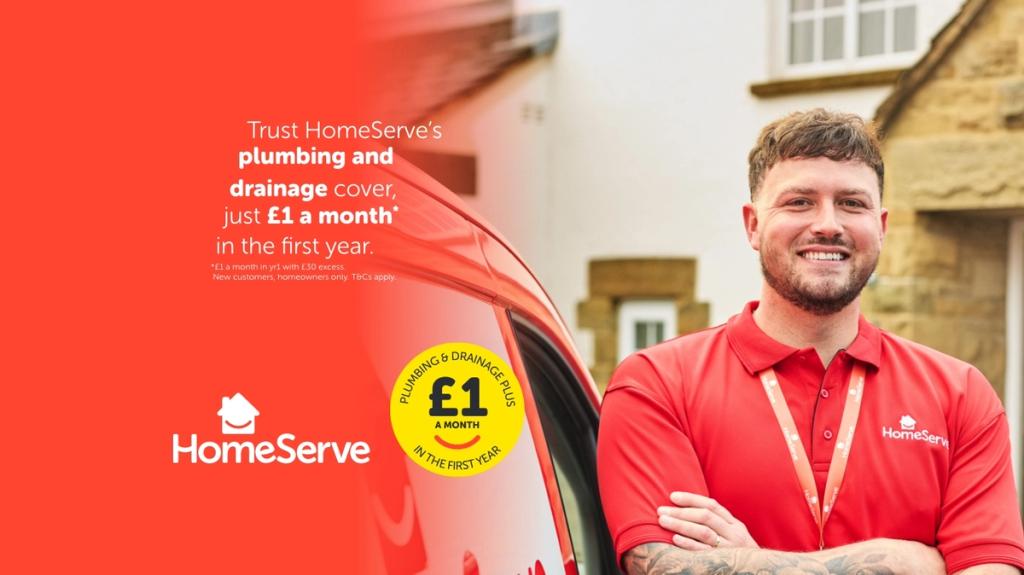 A smiling HomeServe engineer stands by a red service van. Text offers plumbing and drainage cover for £1 a month in the first year.
