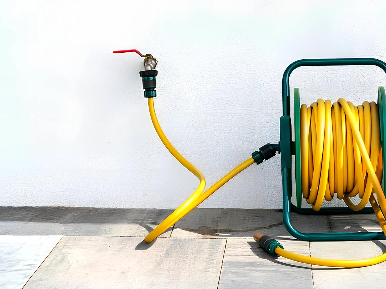 A yellow hosepipe that is reeled in.