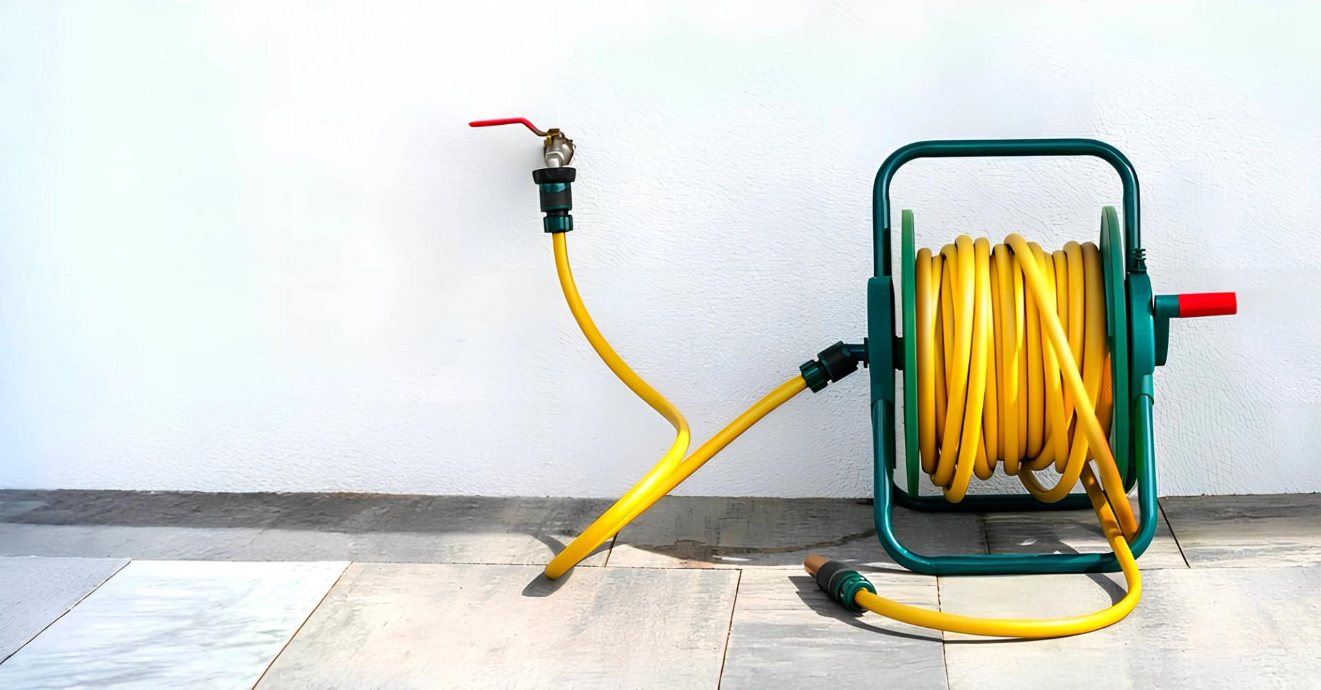 A yellow hosepipe that is reeled in.
