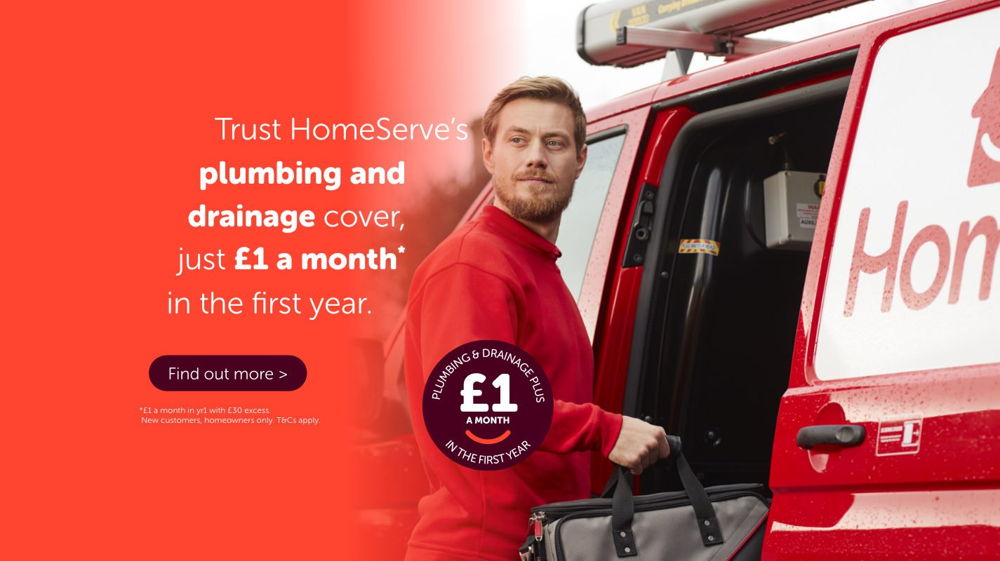homeserve employee next to his van with text that says, trust homeserves plumbing and drainage cover, just one pound a month in the first year.