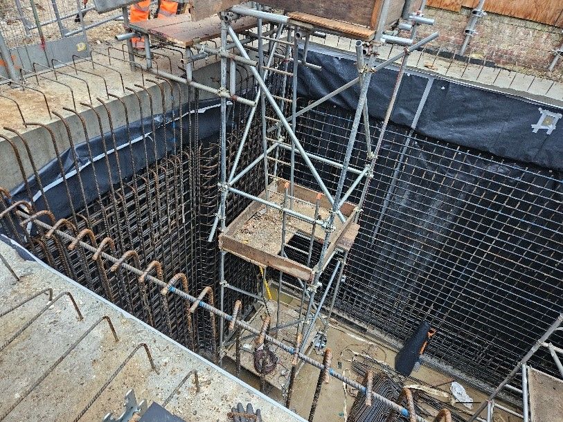 Scaffolding in place at an underground tank