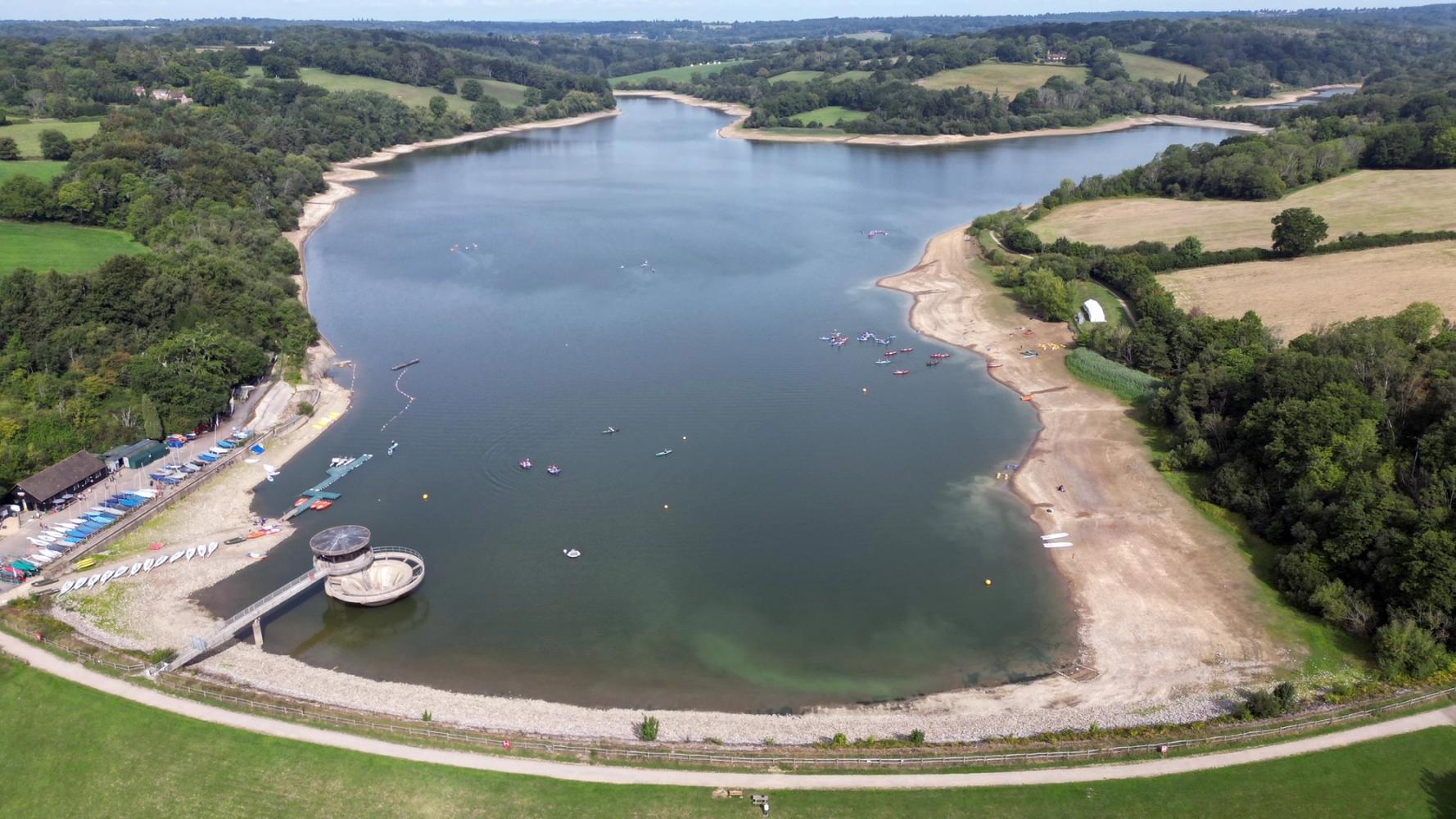 Ardingly reservoir as of 8 August  2025. The dry banks highlight the low levels. 