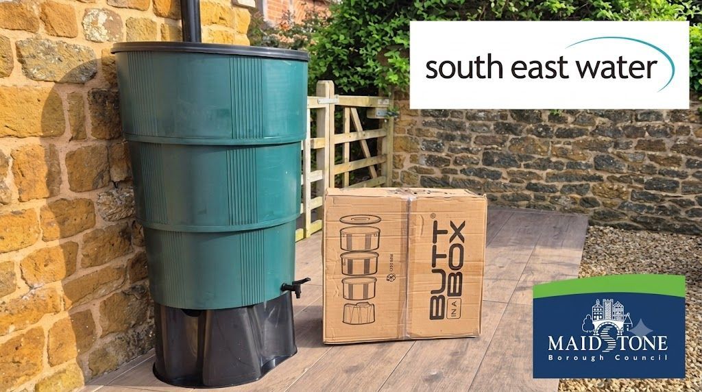 A green 'butt in a box' shown alongside the logos of South East Water and Maidstone Borough Council