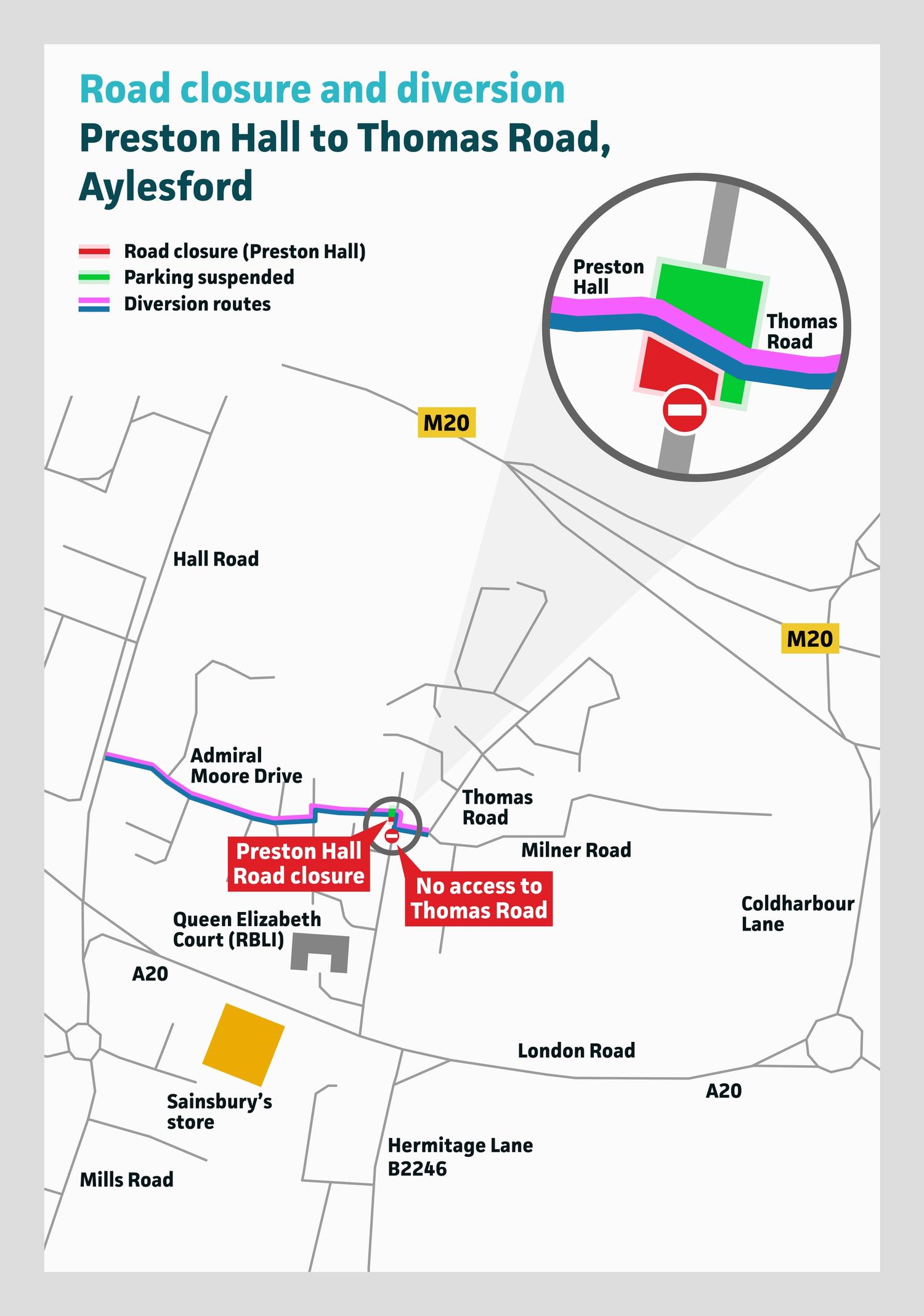 A map showing the diversion route and road closure on Preston Hall, Aylesford