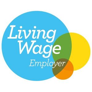 Living Wage Employer with blue, yellow and orange circles