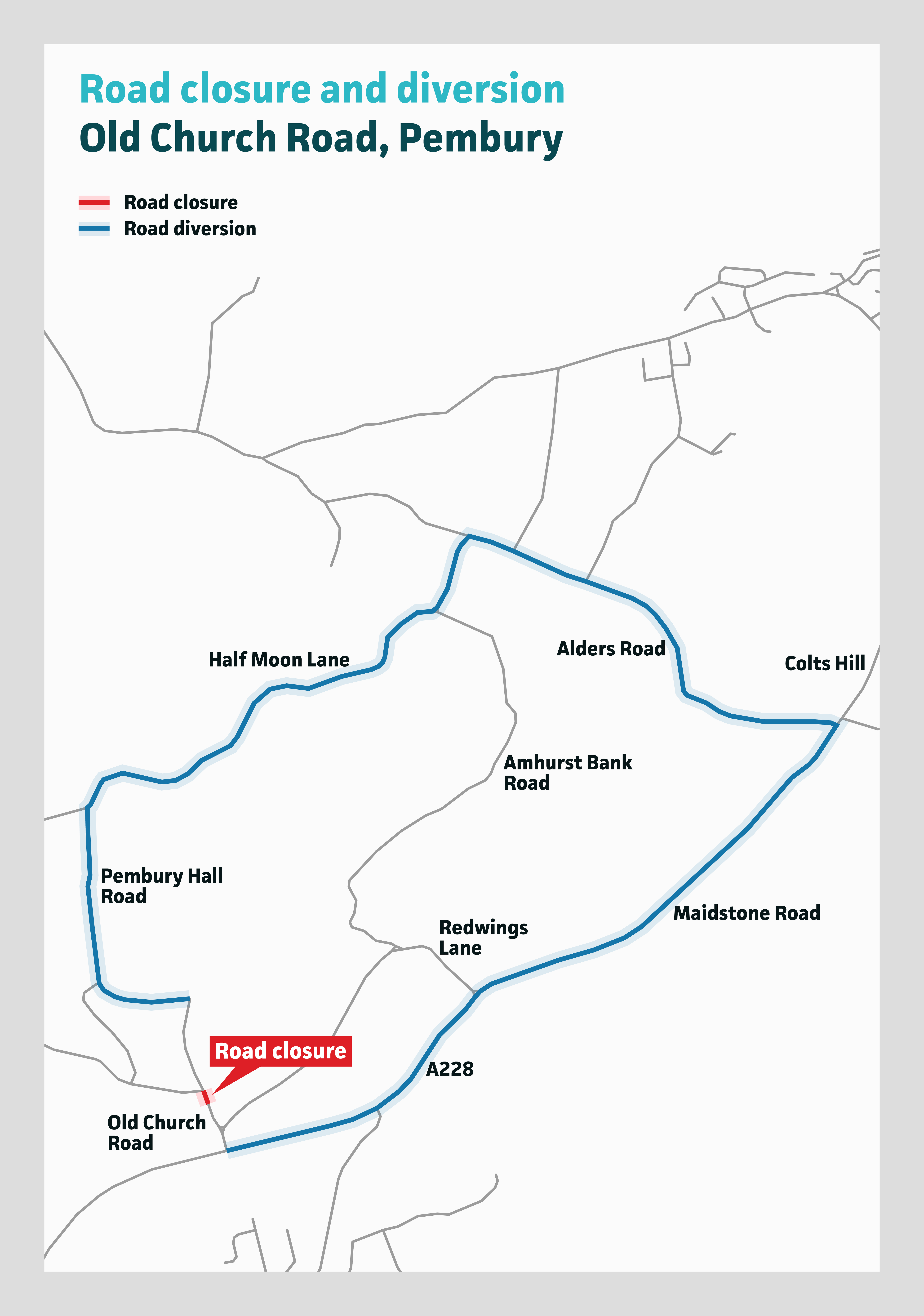 Image shows the diversion route for a road closure on Old Crchows the divesion route for Old Chhurch Lane
