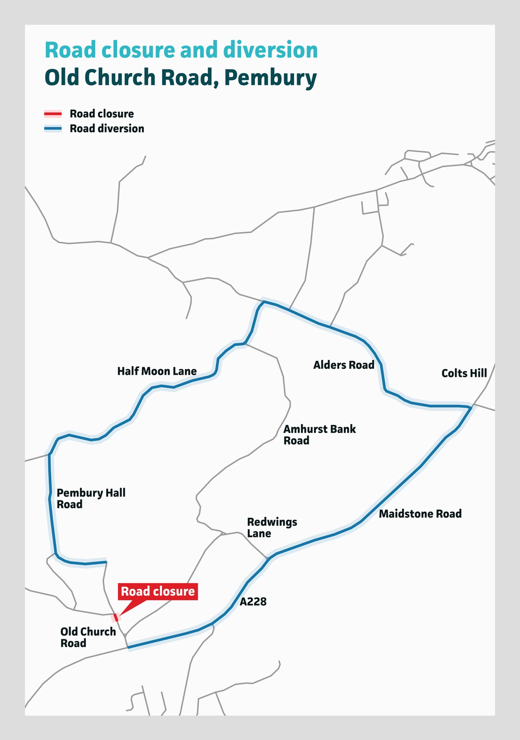 Image shows the diversion route for a road closure on Old Crchows the divesion route for Old Chhurch Lane