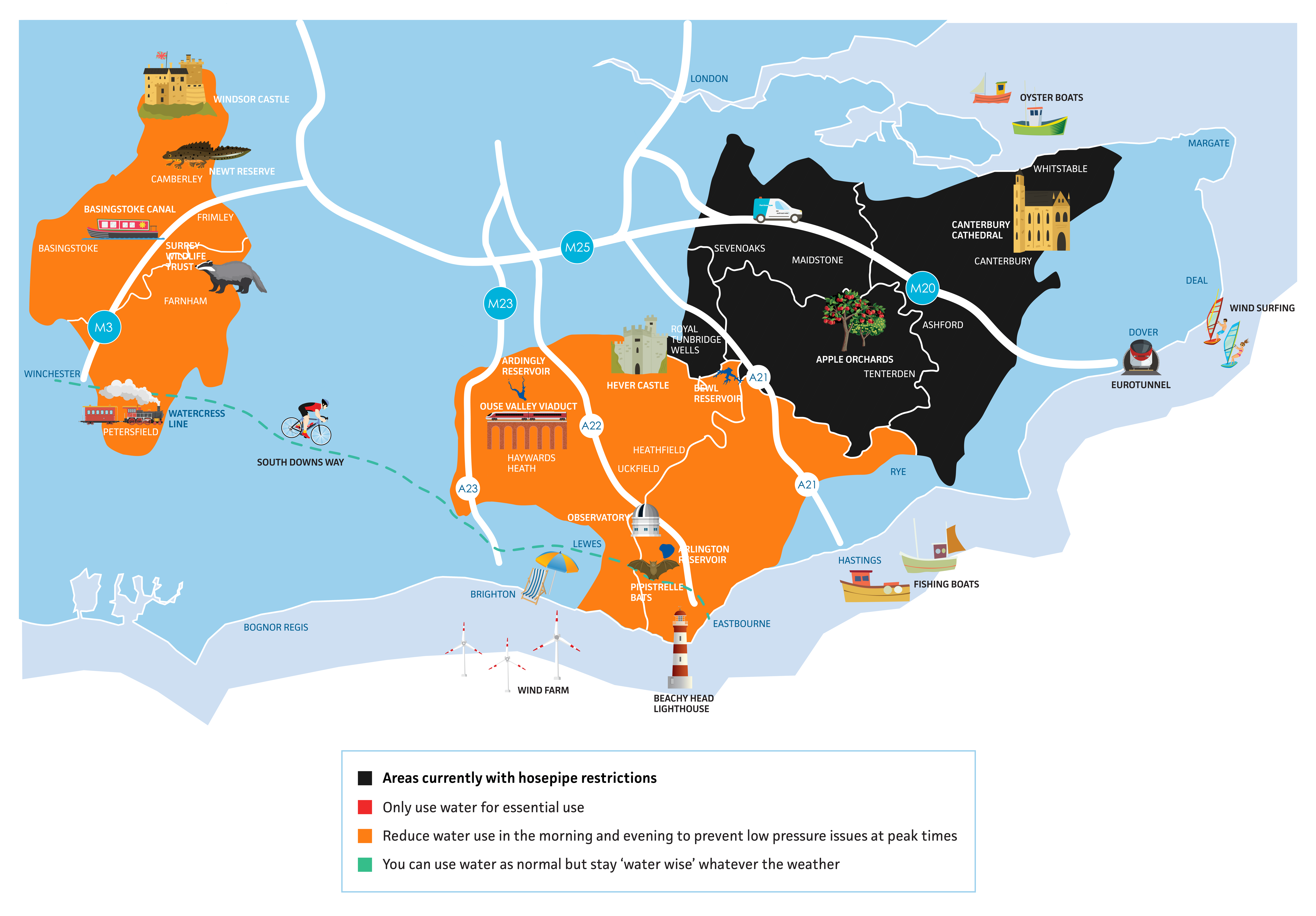 A map of our entire operational area. Sussex, Surrey, Berkshire and Hampshire are coloured amber, which means customers should reduce water use in the morning and evening to prevent low pressure at peak times. Kent is coloured black, which means there are hosepipe restrictions in place. 