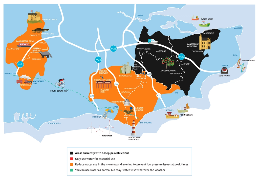 A map of our entire operational area. Sussex, Surrey, Berkshire and Hampshire are coloured amber, which means customers should reduce water use in the morning and evening to prevent low pressure at peak times. Kent is coloured black, which means there are hosepipe restrictions in place.