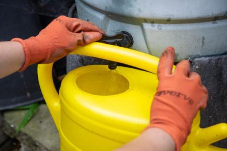 A person wearing orange gardening gloves is holding a yellow watering can to collect water from their water butt.