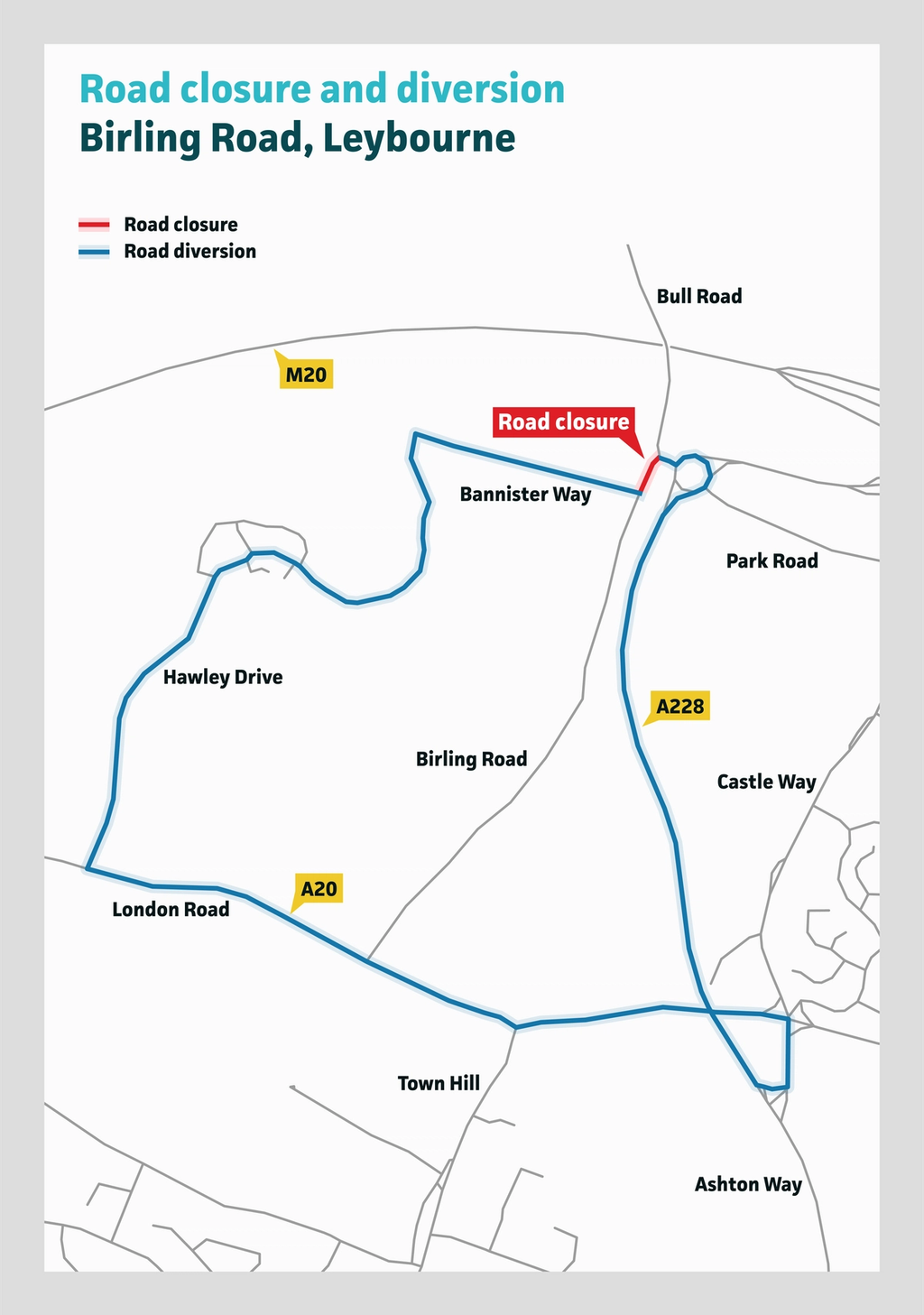 A diversion map showing the route that motorists should take to avoid the closed road. The route requires motorists to travel down Bannister Way through Leybourne Chase, down Hawley Drive and join the A20 via London Road, Motorists should then join the A228 up to the roundabout that joins the north end of the closure.