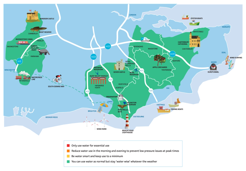  A graphic map of South East Water’s operational area, with a key to show the status in each area. Green level means ‘you can use water as normal but stay water wise whatever the weather’. Yellow level means ‘be water smart and keep use to a minimum’. Orange level means ‘reduce water use in the morning and evening to prevent low pressure issues at peak times’. Red level means ‘only use water for essential use’. The current status in all South East Water areas is green level.