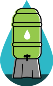 Icon graphic of a green water butt within a blue water drop 