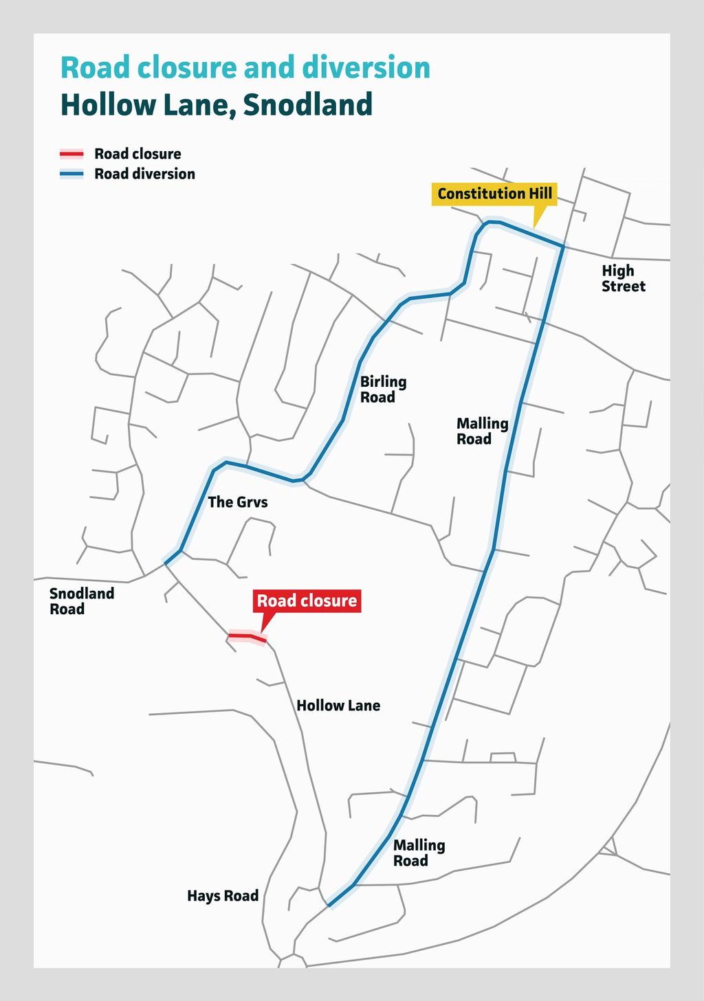 Graphic showing road closure on Hollow Lane, with a diversion route via The Grvs, Birling Road, Constitution Hill, Malling Road
