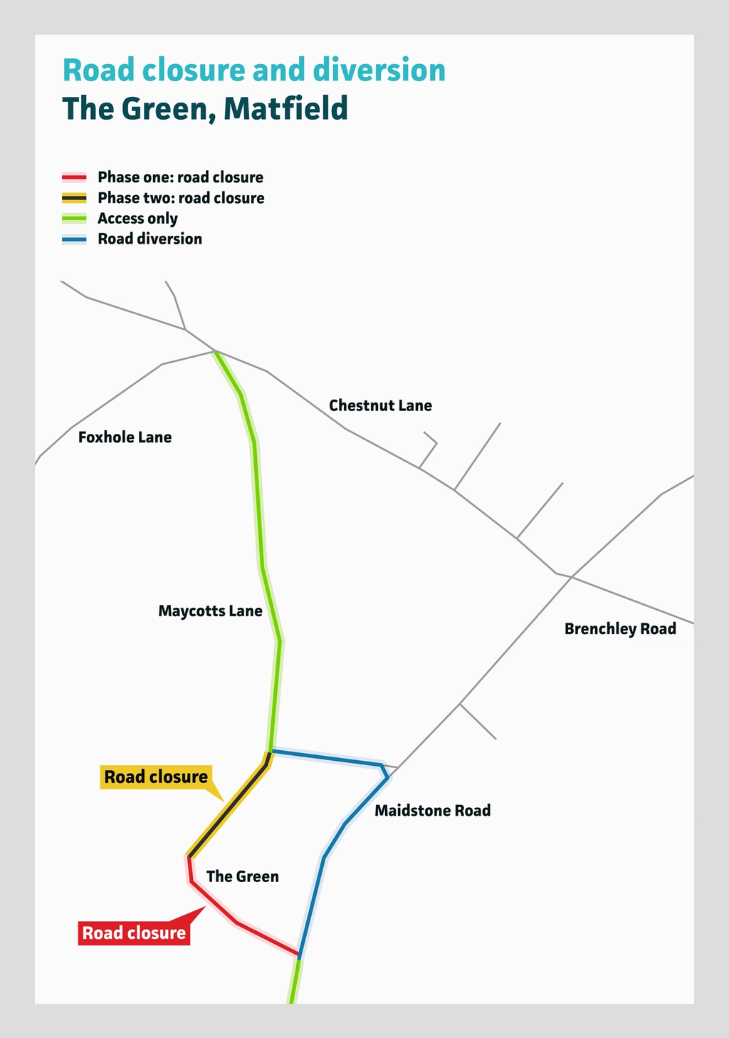 Graphic showing the diversion route for a road closure in The Green, Matfield