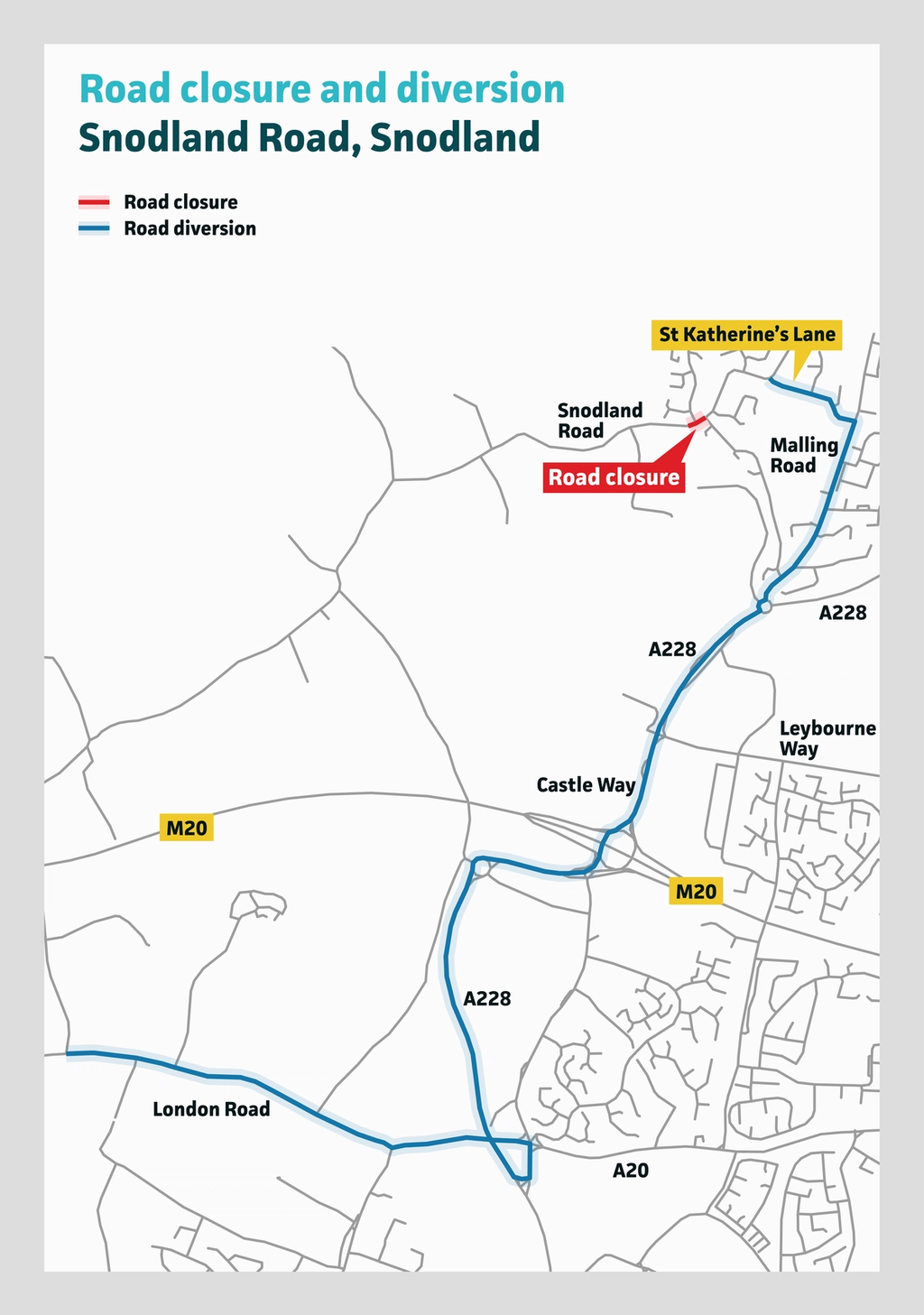 Image shows diversion route for closure on Snodland Road