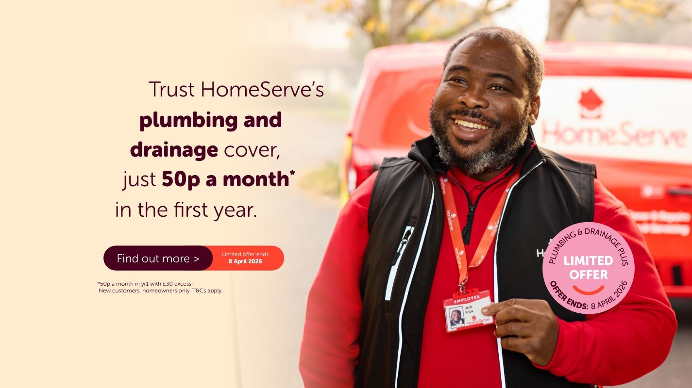 A HomeServe employee smiles at the camera in a red uniform, a red van is in the background. Overlaying text reads: "Trust HomeServe's plumbing and drainage cover, just fifty pence a month* in the first year." A circular pink badge highlights "Plumbing and Drainage Plus limited offer, offer ends: 8 April 2026"