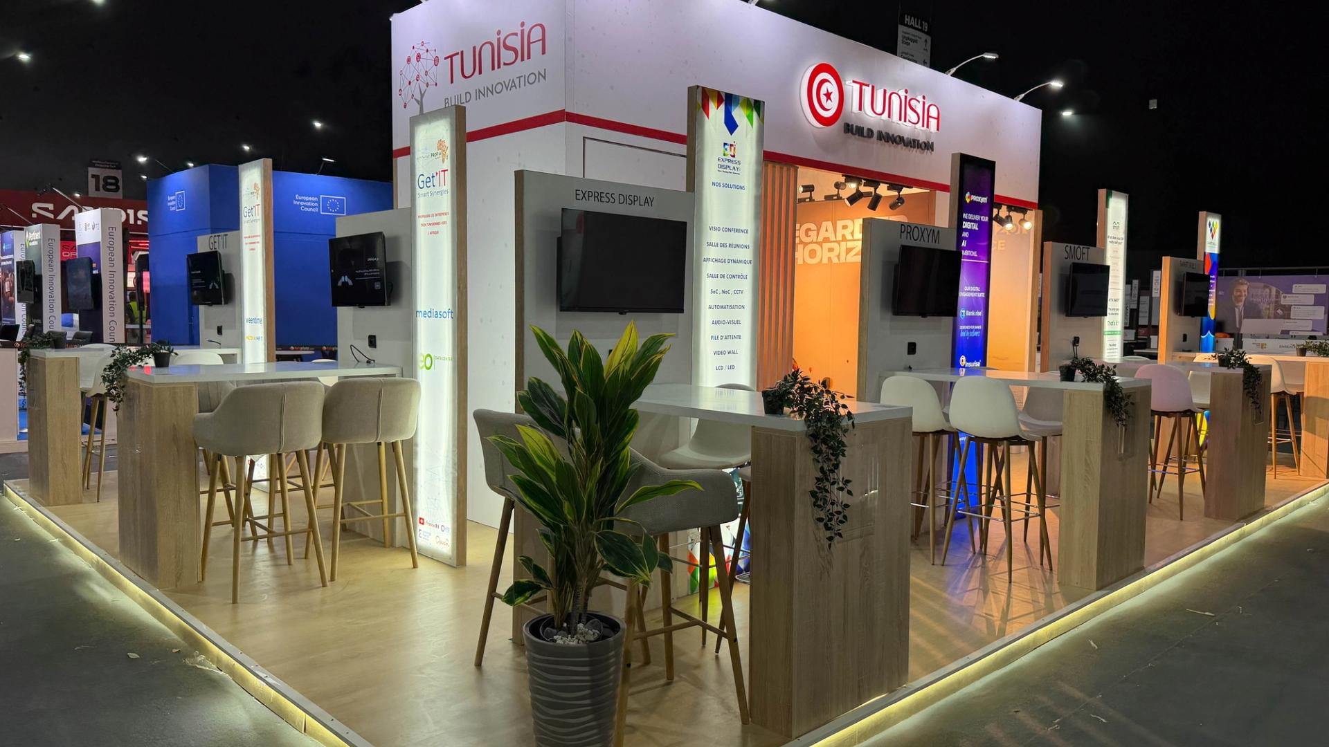 Wide view of the Tunisia National Pavilion for CEPEX at GITEX Africa 2026, Place Bab Jdid, Marrakech, by EFFECT Global