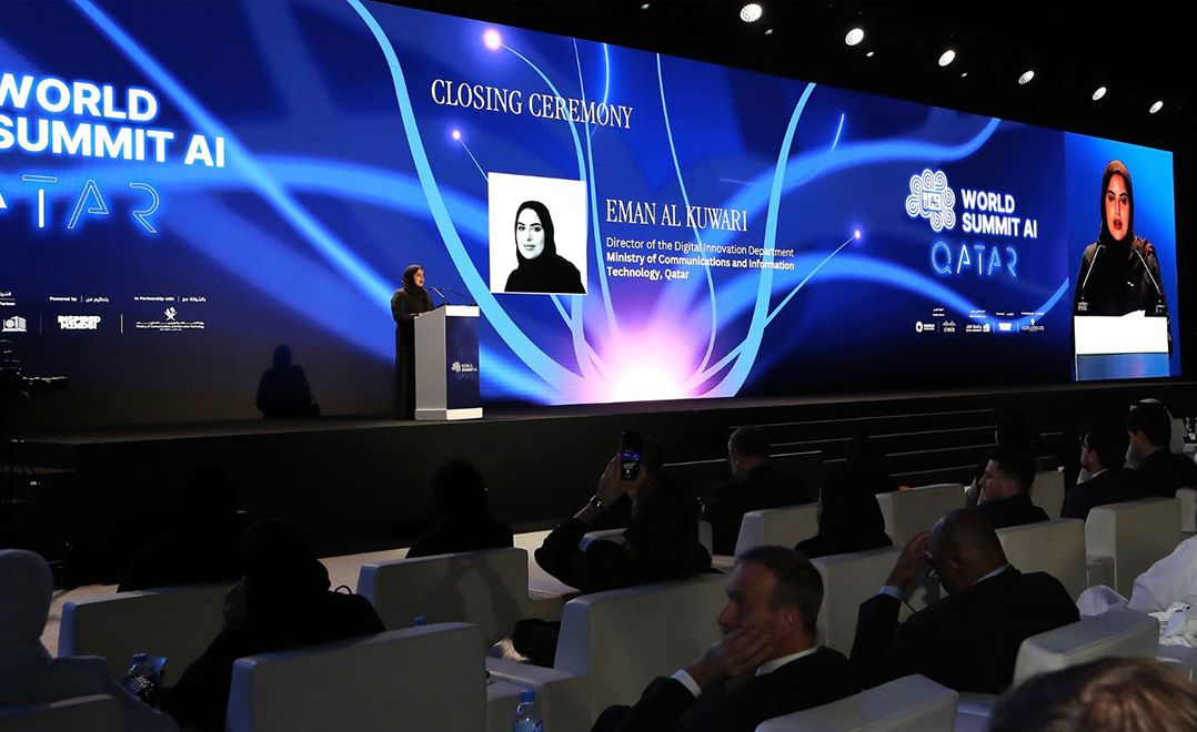 Technology exhibition showcasing AI, cybersecurity, and smart city solutions in Qatar.