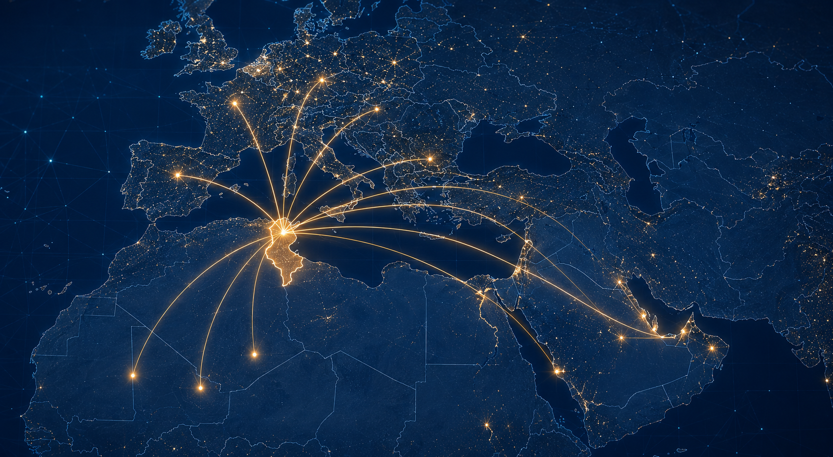 Business expansion routes connecting Tunisia with Europe, Africa, and Gulf markets.