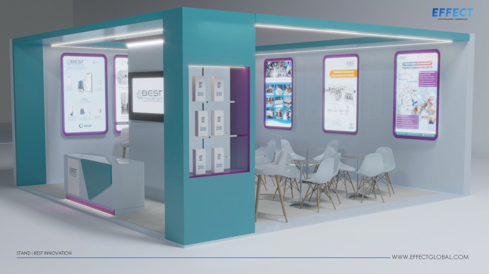 Photorealistic 3D rendering of a custom exhibition stand before fabrication.