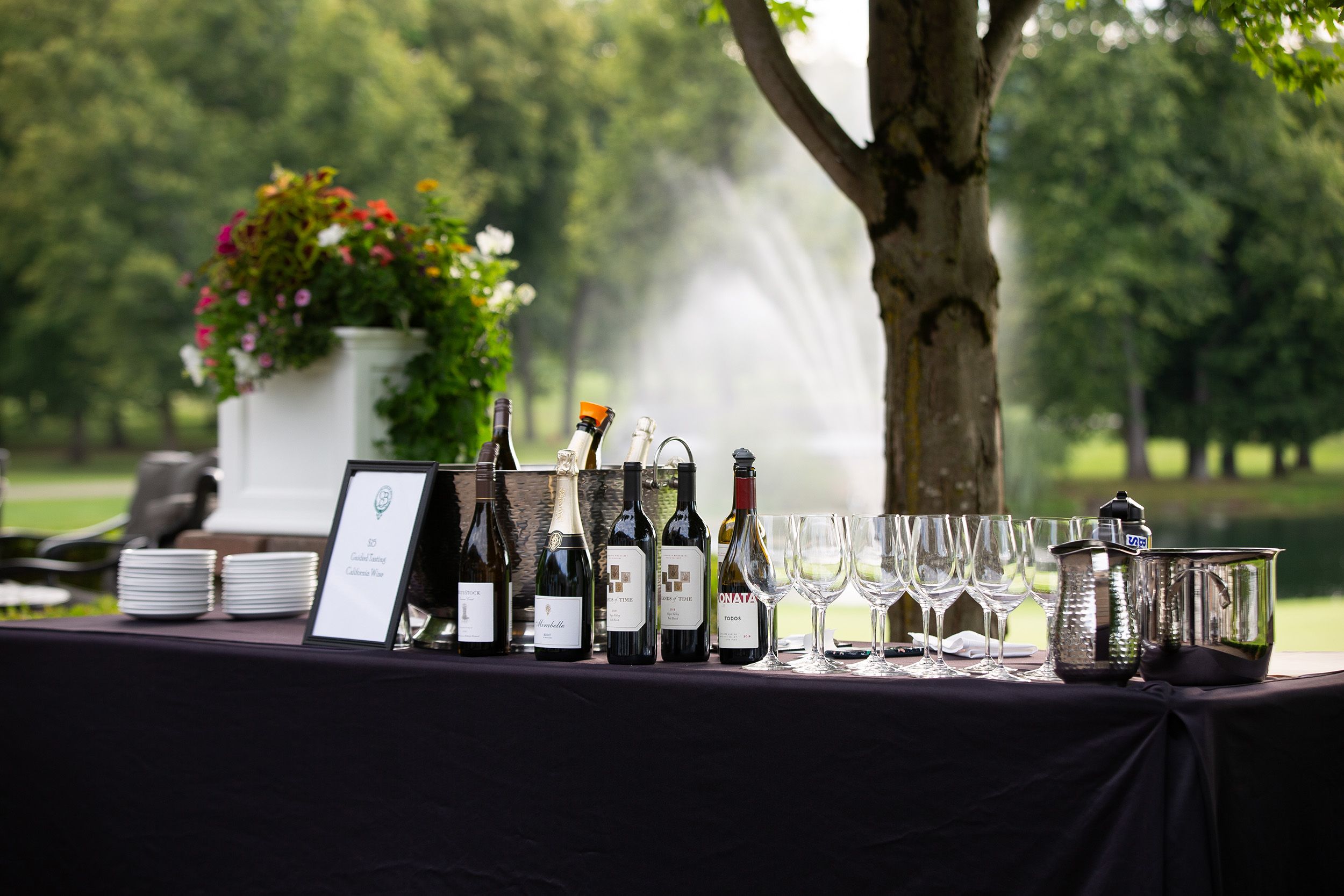 Wine and glasses lined up on a table outside