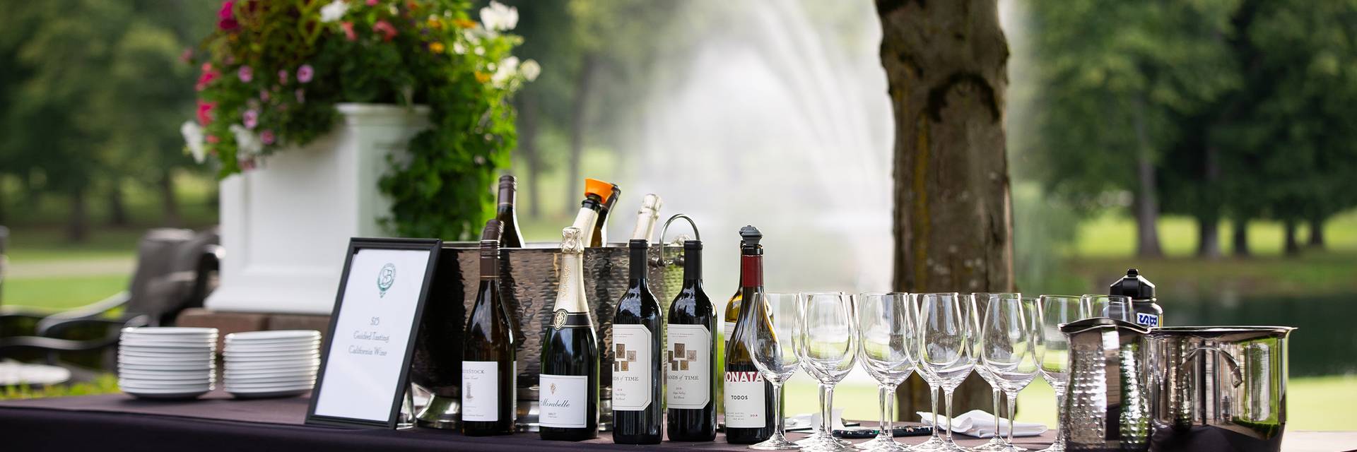 Wine and glasses lined up on a table outside