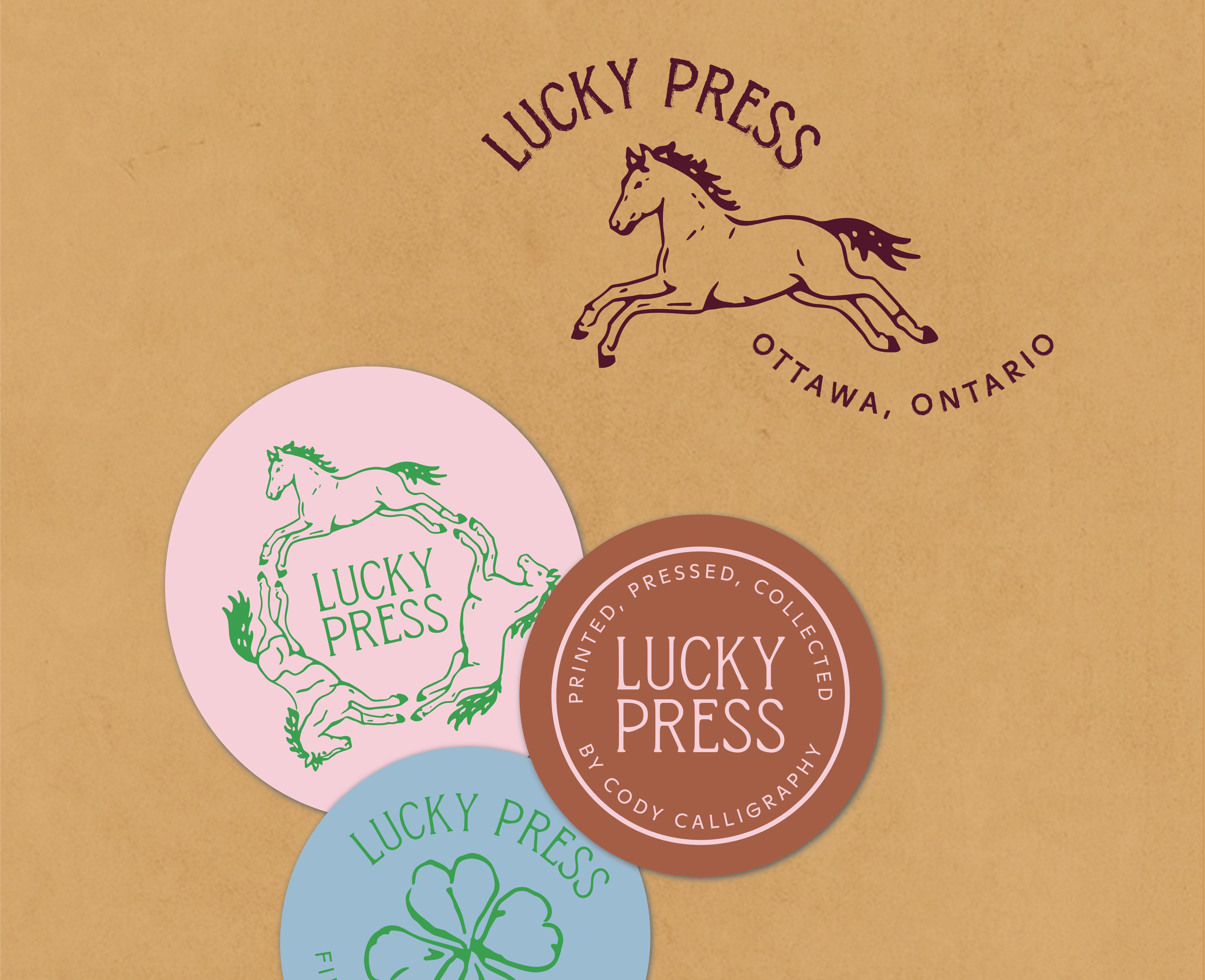 stickers with lucky letterpress logos on them