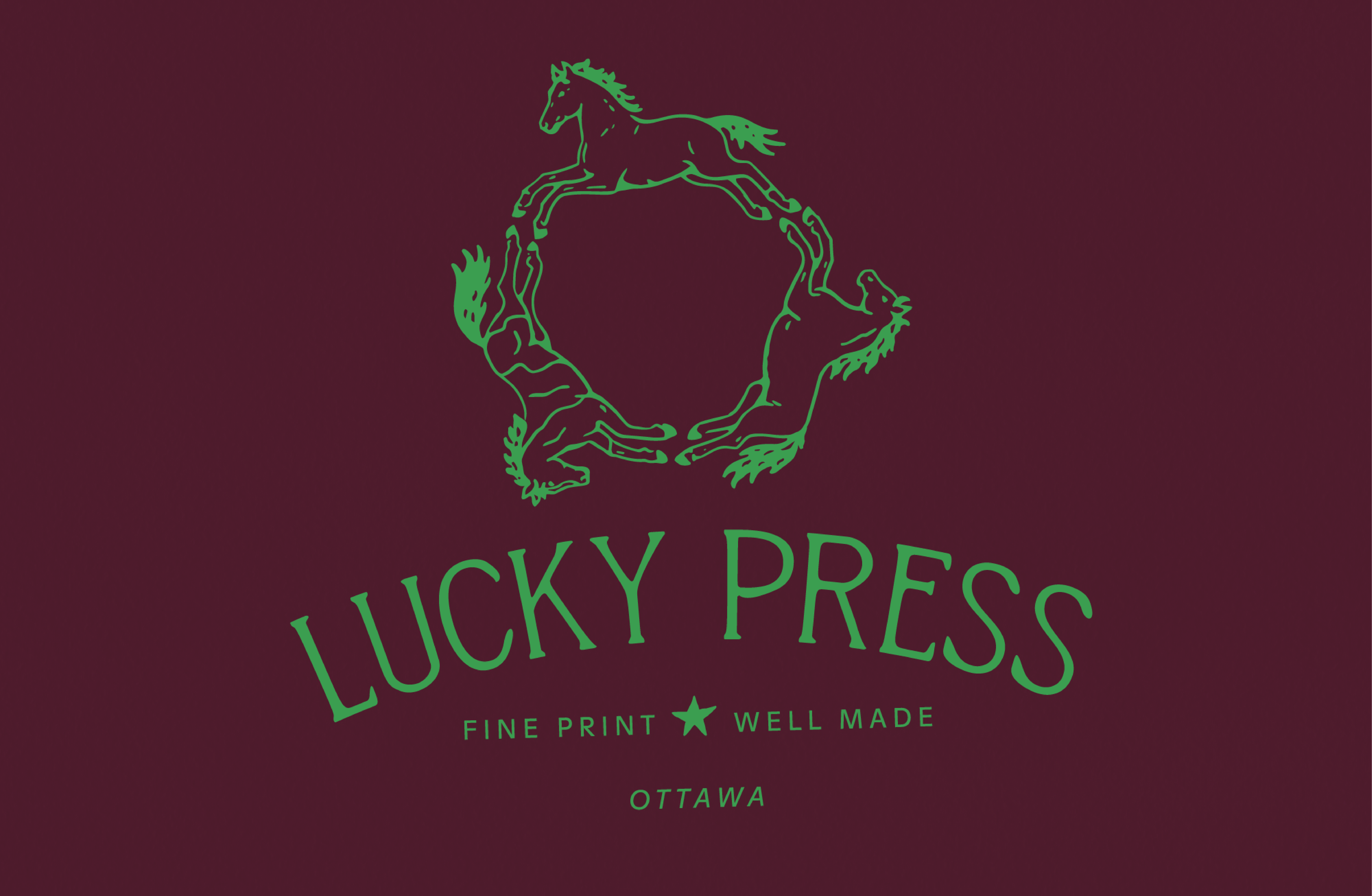 three horses around letterpress logo. Fine print well made in Ottawa Ontario Canada