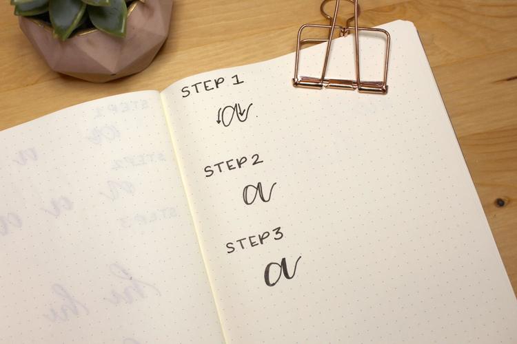 Faux calligraphy example showing all three steps