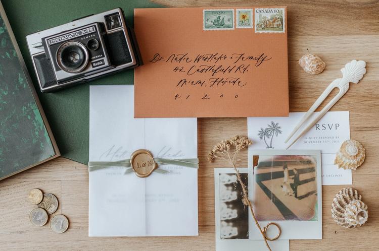 Terra Cotta envelope, handwritten address, vintage postage, vellum wrap, gold wax seal tied with sage velvet ribbon