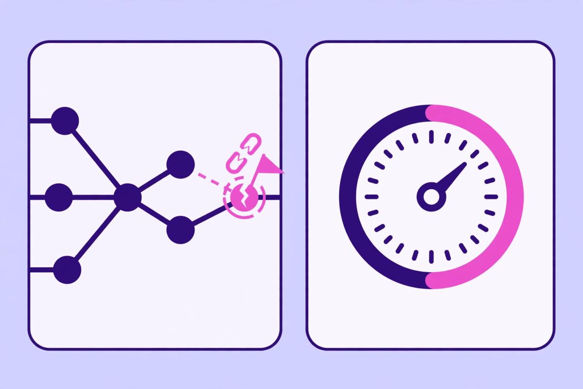 Illustration of a monthly backlink report showing new and lost referring domains with a link quality gauge.