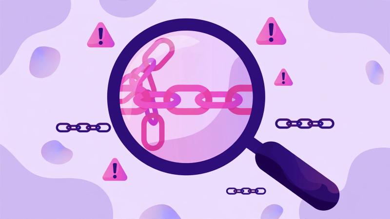 Illustration of a magnifying glass examining link building warning signs.