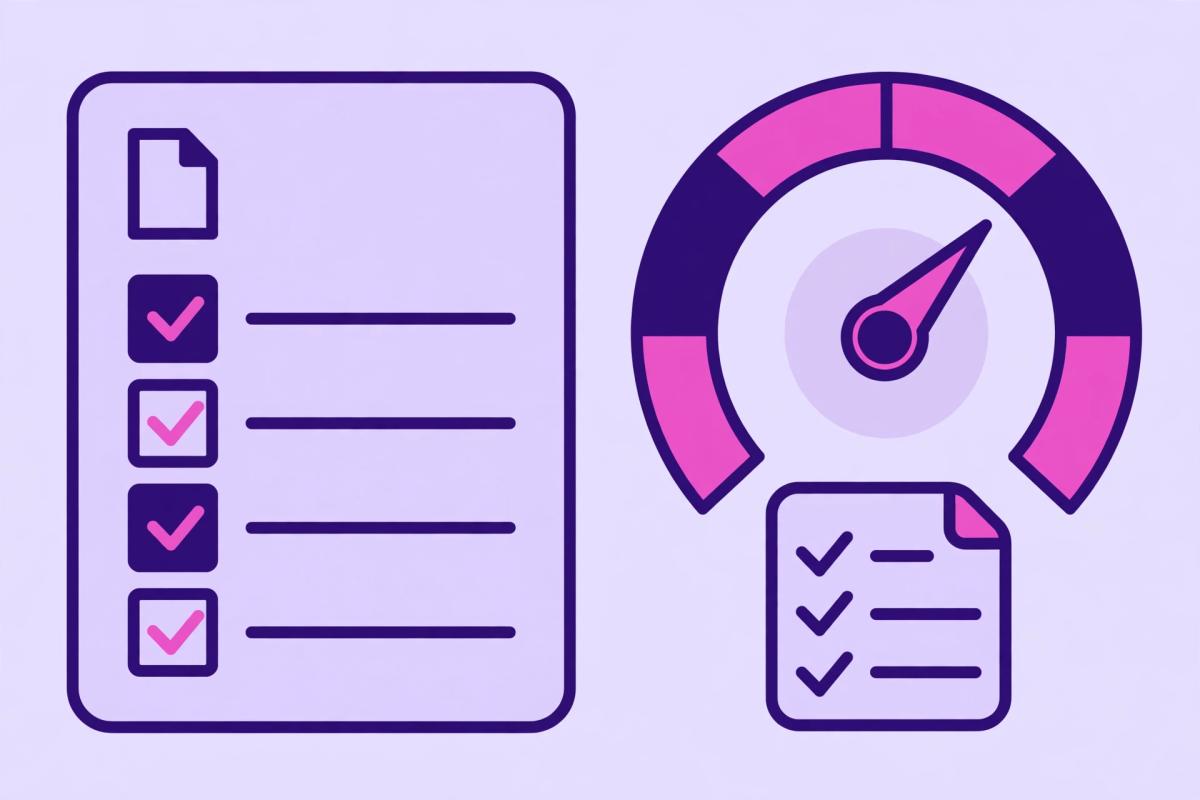 Illustration of a technical seo health checklist with crawl errors fixed, a site speed gauge, and a work log of actions taken and planned.