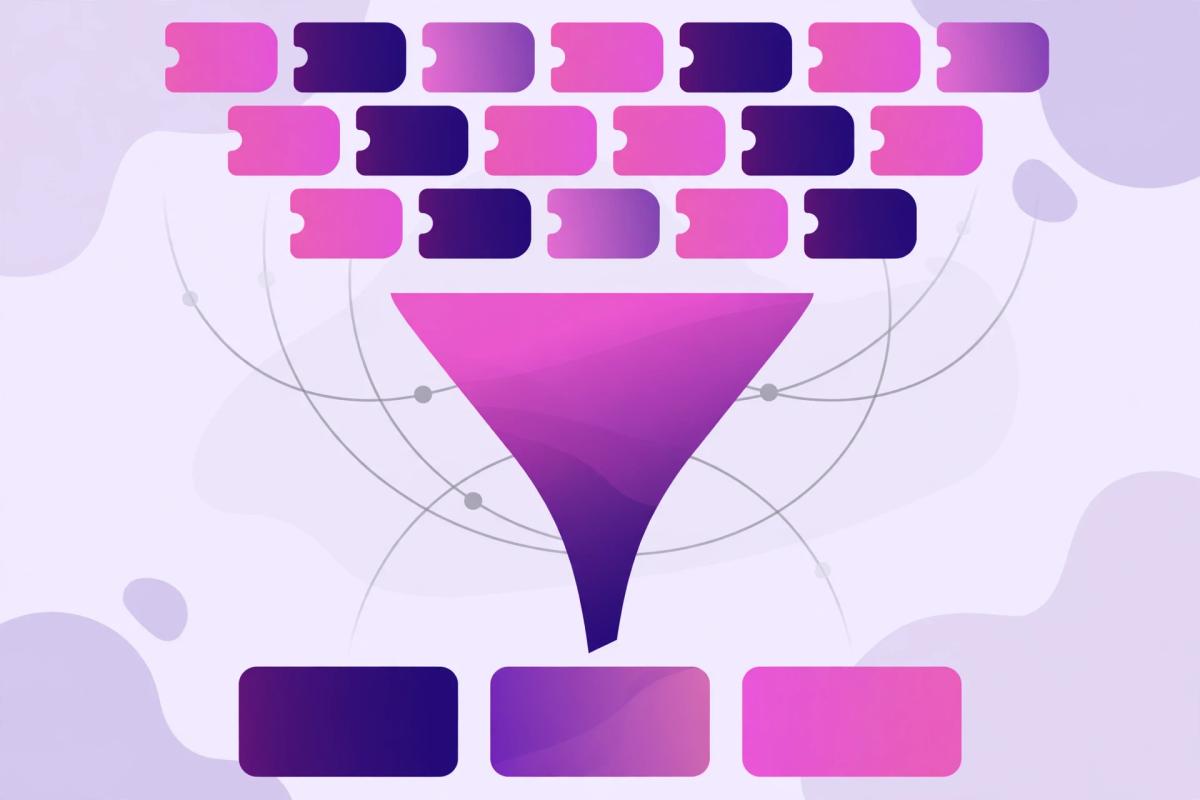 Illustration of faceted filter options funneling into a few clean category pages while duplicate filter URLs fade away, showing selective indexing of filtered URLs