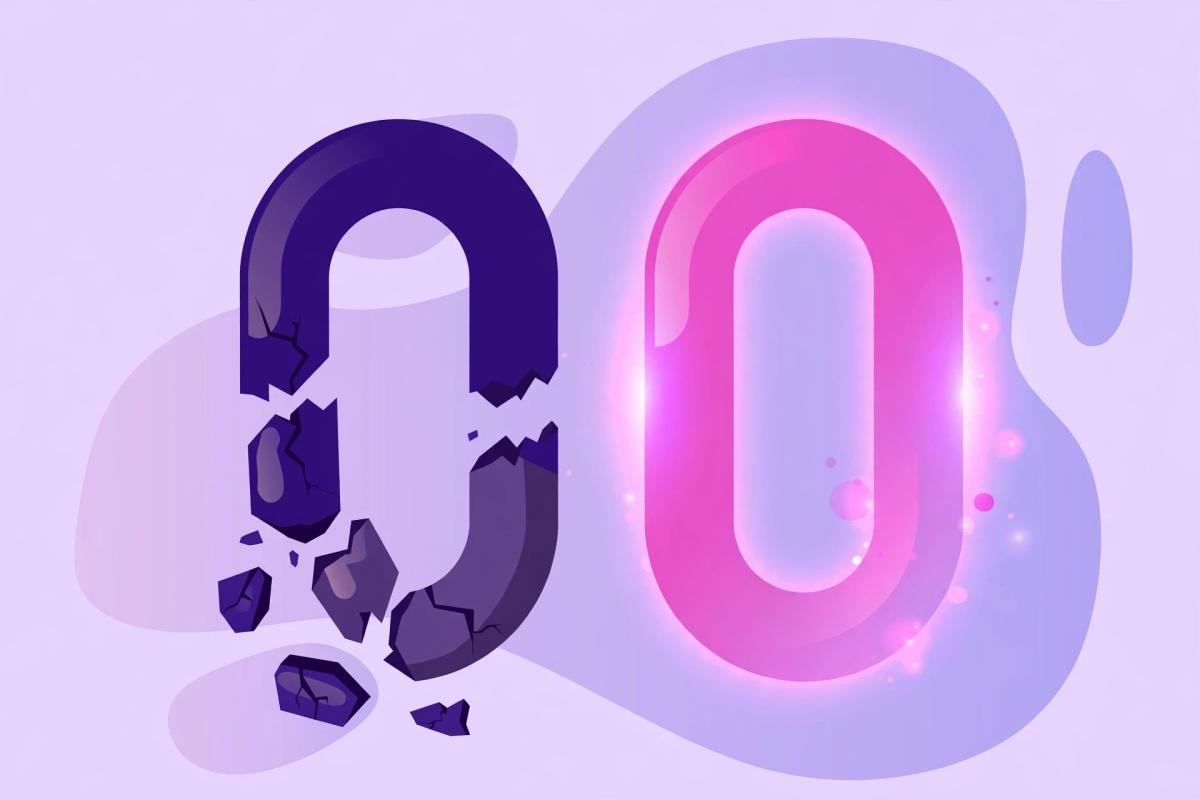 Illustration of a broken chain link beside a strong glowing chain link