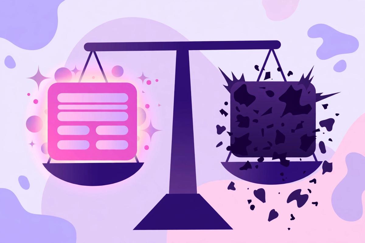 Illustration of a balance scale weighing a glowing helpful page against a crumbling low-value page, showing Google judging content by helpfulness, not production method