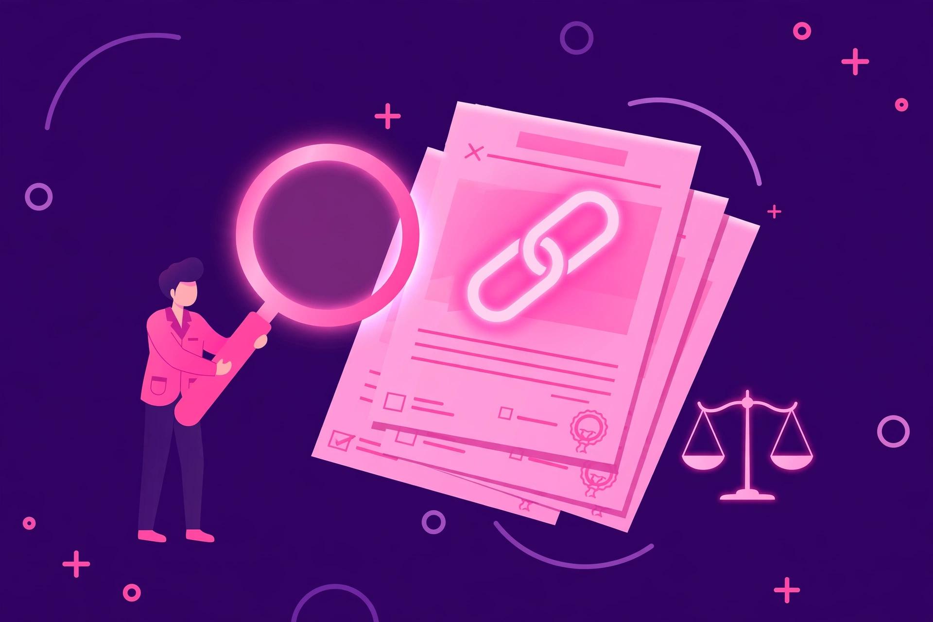 Illustration of a magnifying glass examining policy documents about link schemes and guest posts.