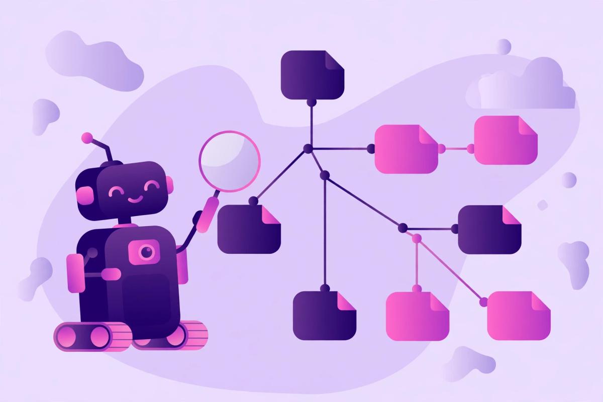 Illustration of a crawler bot inspecting a sitemap of web pages